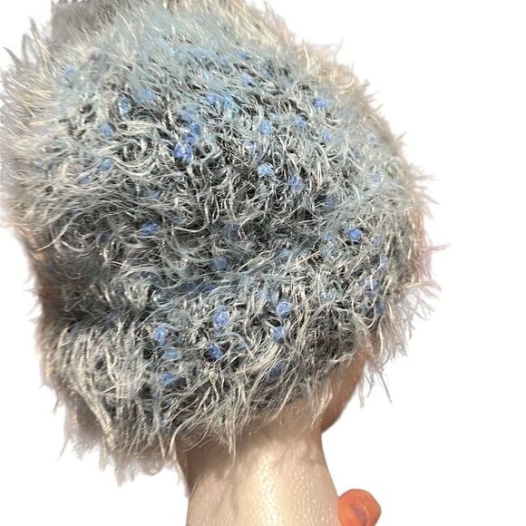 ladies Blue & White Fluffy Soft Wool Cap Hat Beanie - Picture 3 of 8